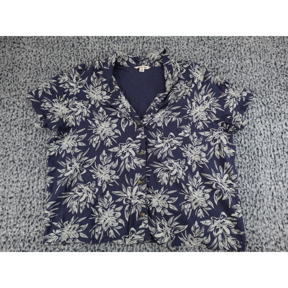 Hang Ten Womens XXL Navy Blue Tropical Floral Button Up Camp Shirt Short Sleeve